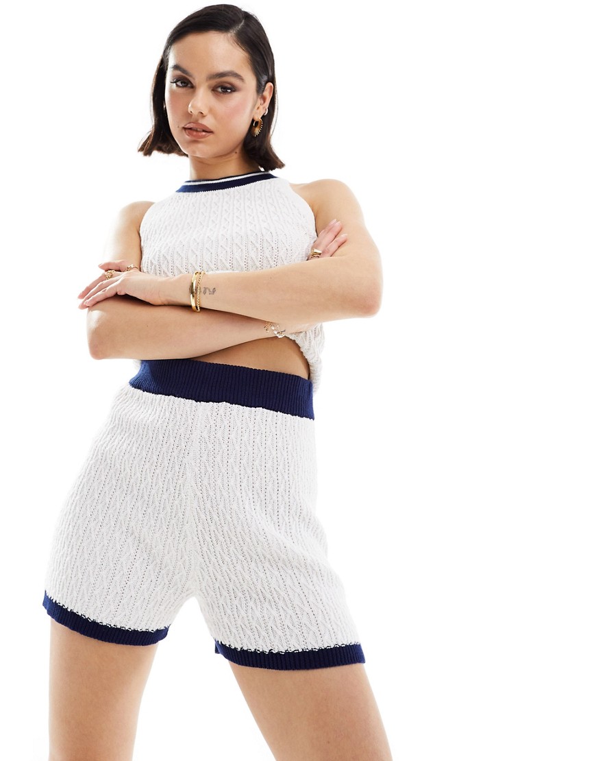 Asos Design Cable Knit Shorts In Cream With Tipping - Part Of A Set-white