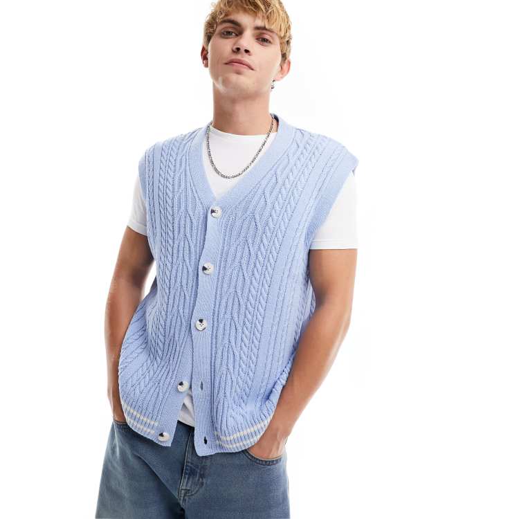 ASOS DESIGN cable knit sleeveless cricket cardigan tank in blue | ASOS