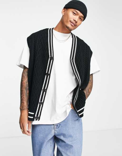 ASOS DESIGN cable knit sleeveless cricket jumper in black