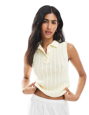 ASOS DESIGN cable knit stitch polo top in ecru - view 1