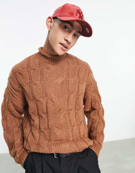 ASOS DESIGN cable knit sweater in brown