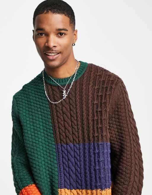 ASOS DESIGN knitted color block sweater in plush yarn