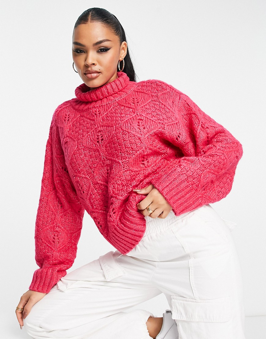 cable knit sweater with high neck in pink