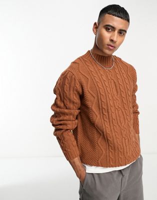 ASOS DESIGN cable knit turtle neck sweater in brown ASOS
