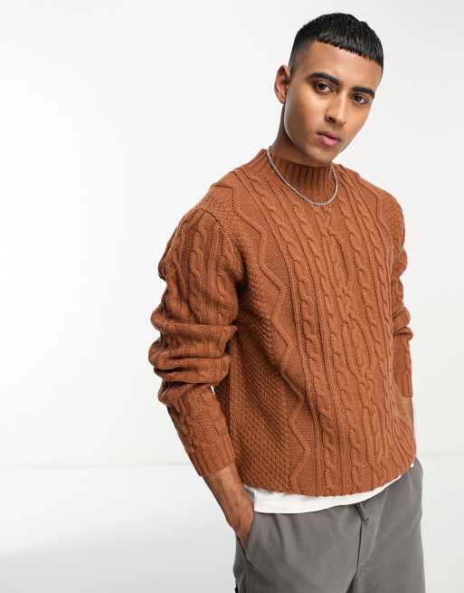 ASOS DESIGN cable knit turtle neck sweater in brown, 3 of 4