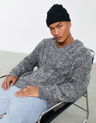 ASOS DESIGN cable knit V-neck jumper in grey