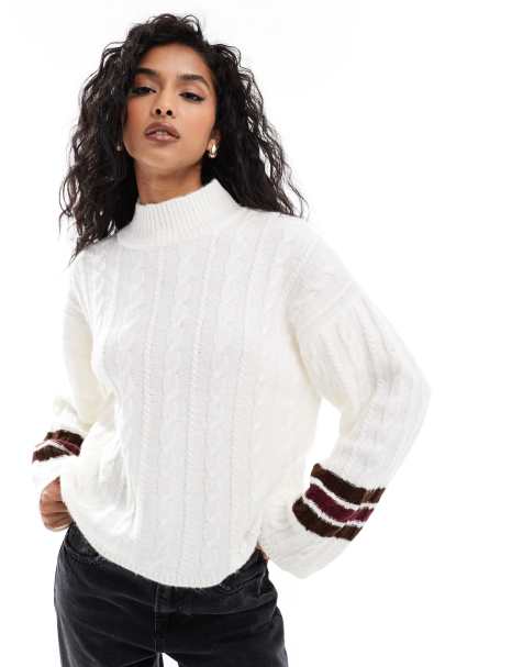 ASOS DESIGN cable knit varsity jumper in ecru - view 1