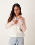 [ASOS DESIGN] ASOS DESIGN cable knit zip up jacket in pink and ecru XS Pink & Ecru