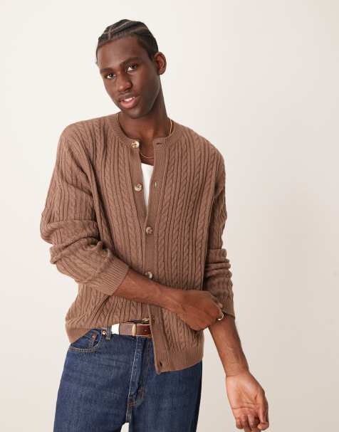 ASOS DESIGN cable knitted crew neck cardigan in brown - view 1