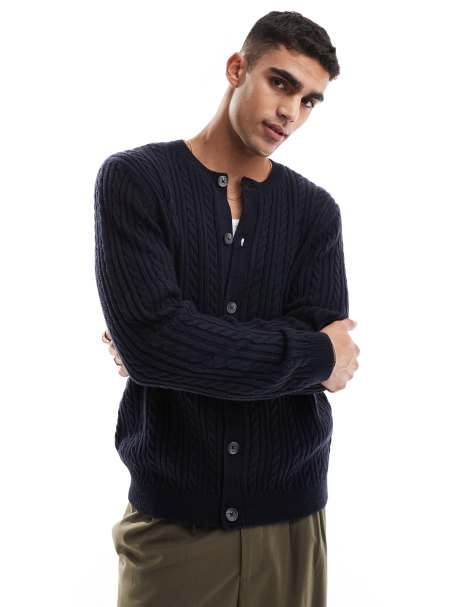 ASOS DESIGN cable knitted crew neck cardigan in navy - view 1