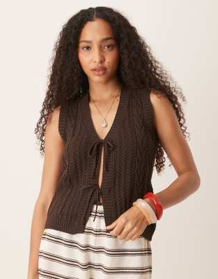 Beige Striped Front Tie Vest