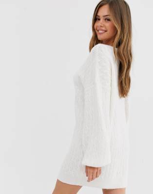 asos design cable knit mini dress with volume sleeve