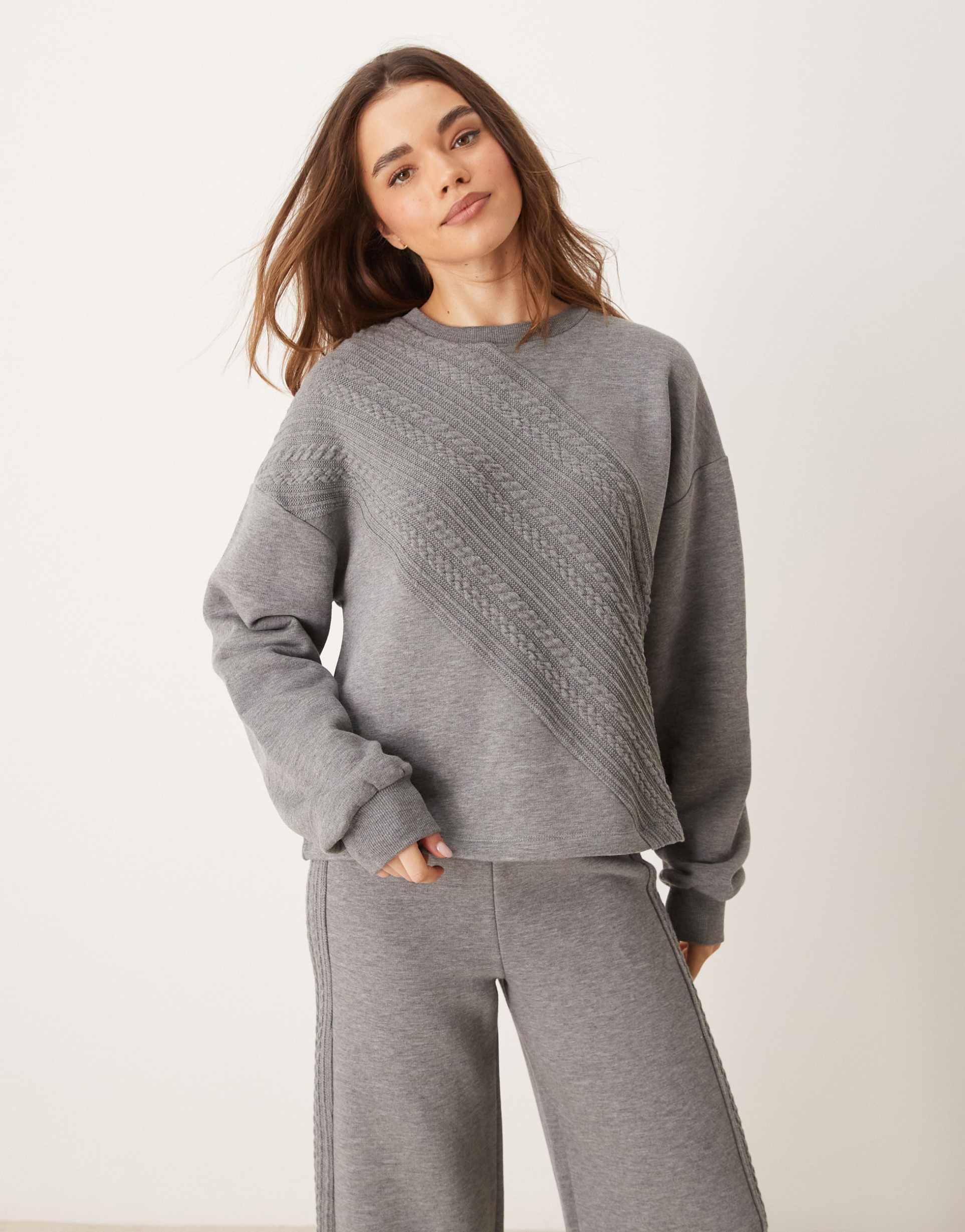 asos design cable spliced sweatshirt in gray - part of a set