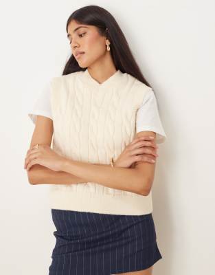 Asos Design Cable Stitch Tank Top With High V Neck In White