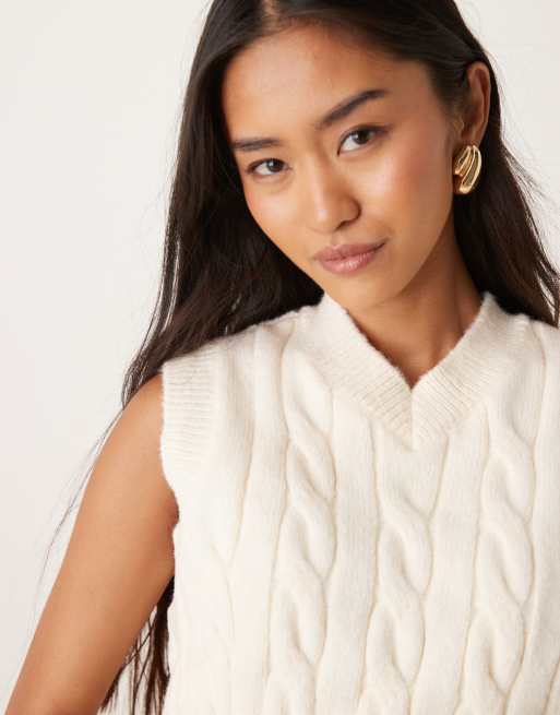ASOS DESIGN cable stitch tank top with high v neck in ecru