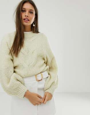 asos design cable knit mini dress with volume sleeve