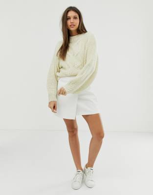 asos design cable knit mini dress with volume sleeve