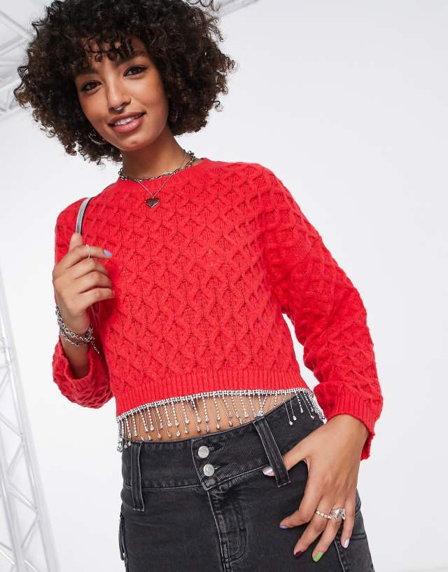 ASOS DESIGN cable sweater with embellished hem in dark pink