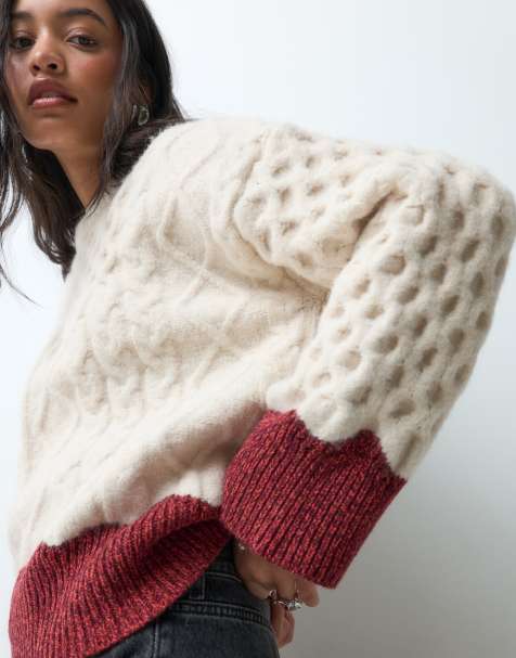 ASOS DESIGN cable tipped jumper in cream - view 1