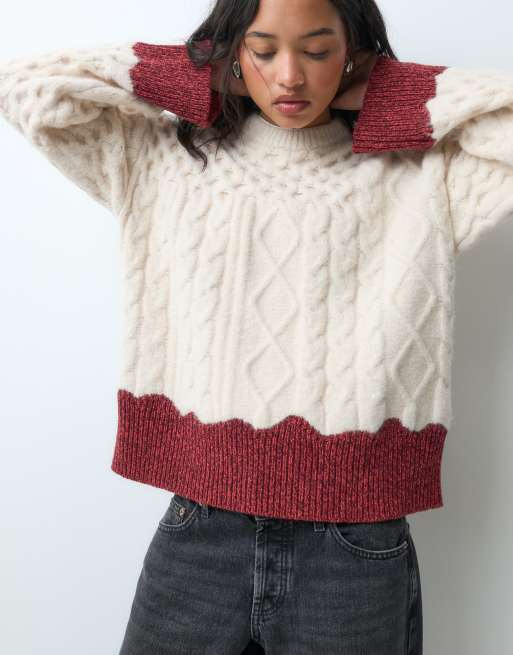 ASOS DESIGN cable tipped jumper in cream, 2 of 5