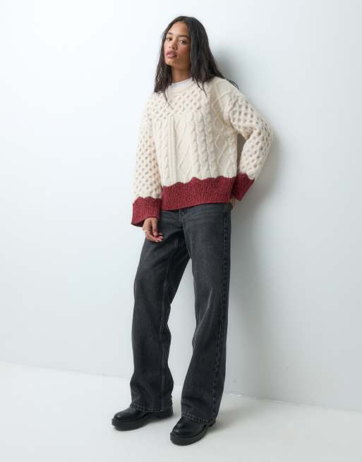 ASOS DESIGN cable tipped jumper in cream, 3 of 5