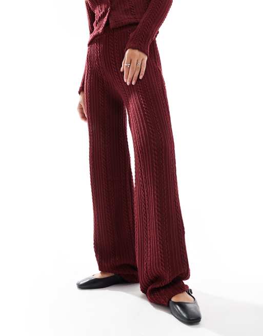 ASOS DESIGN cable wide leg pants in burgundy (part of a set), 2 of 5