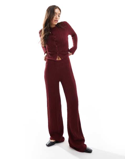 ASOS DESIGN cable wide leg trouser co ord in burgundy - view 1