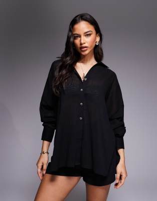 Asos Design Cabot Beach Sheer Cotton Crinkle Cover-up In Black