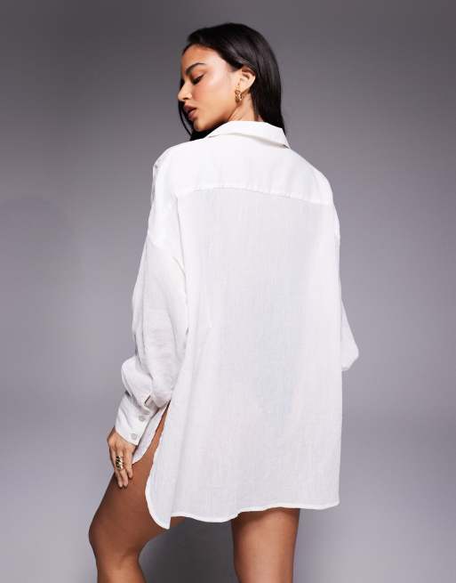 ASOS DESIGN Cabot beach sheer cotton crinkle cover up in white, 4 of 4