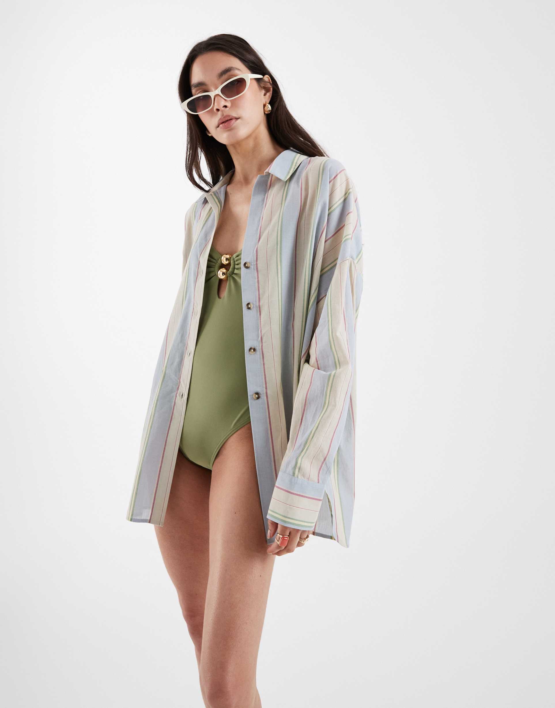 asos design cabot beach shirt cover-up in blue stripe