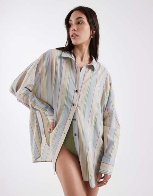 ASOS DESIGN Cabot cover up beach shirt in blue stripe, 4 of 4