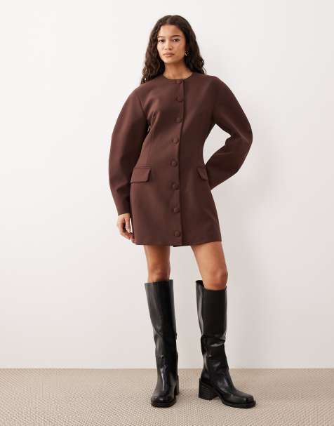 ASOS DESIGN cacoon sleeve blazer dress in chocolate brown - view 1