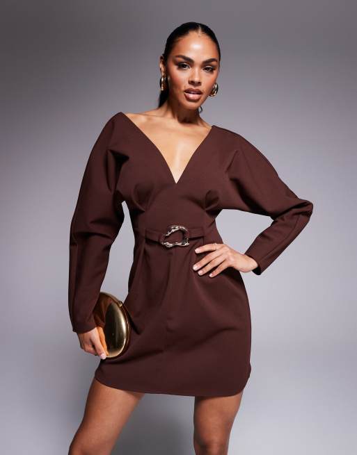 ASOS DESIGN cacoon sleeve mini dress with hardware in chocolate