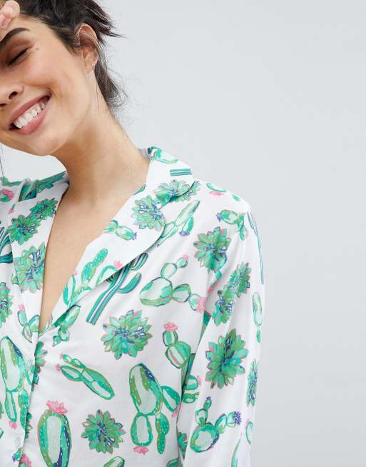 ASOS DESIGN Cactus 100% Modal Traditional Shirt & Short Pyjama Set, 3 of 4