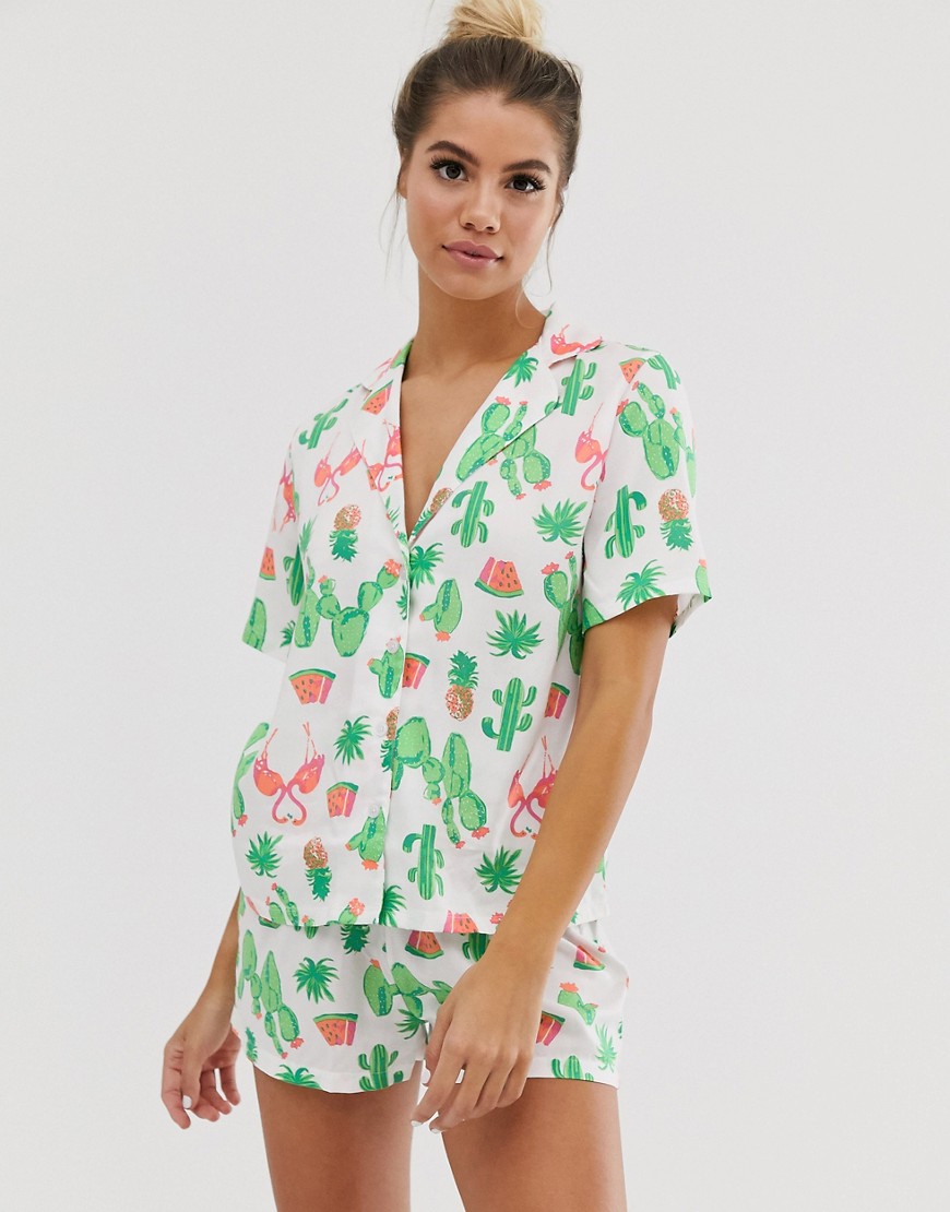 ASOS DESIGN cactus & flamingo 100% modal traditional pyjama set-Multi