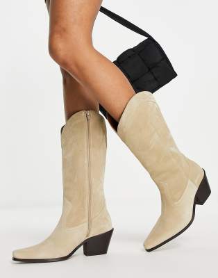 ASOS DESIGN Cactus premium suede western knee boots in sand-Neutral