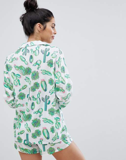 ASOS DESIGN – Cactus – Traditionellt pyjamasset med skjorta och shorts i 100 % modal, 2 av 4