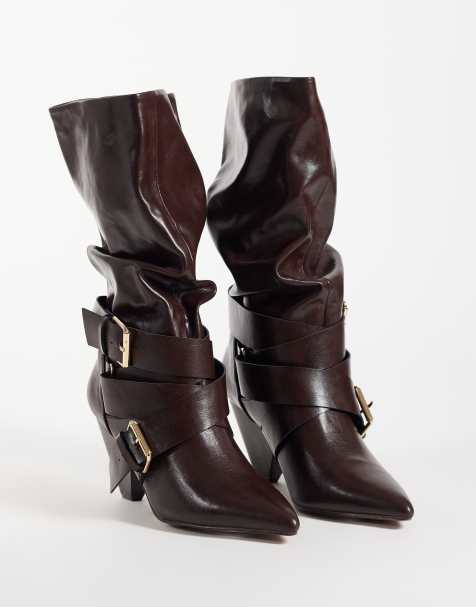 ASOS DESIGN Cade buckle detail heeled slouch boots in chocolate - view 1