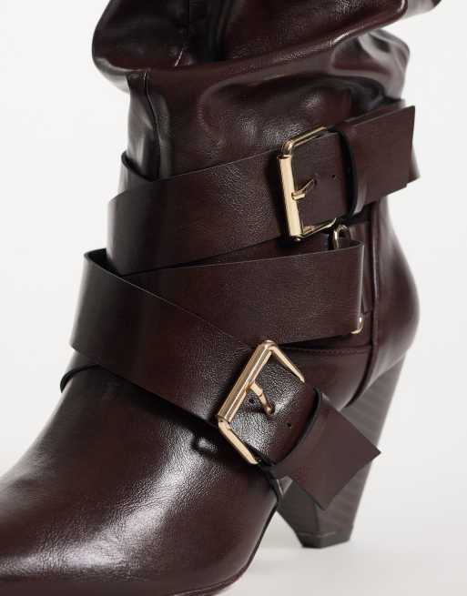 ASOS DESIGN Cade buckle detail heeled slouch boots in chocolate, 2 of 4