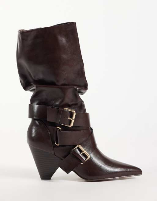 ASOS DESIGN Cade buckle detail heeled slouch boots in chocolate, 4 of 4