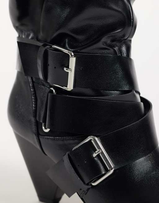 ASOS DESIGN Cade buckle detailing heeled slouchy boots in black, 3 of 4