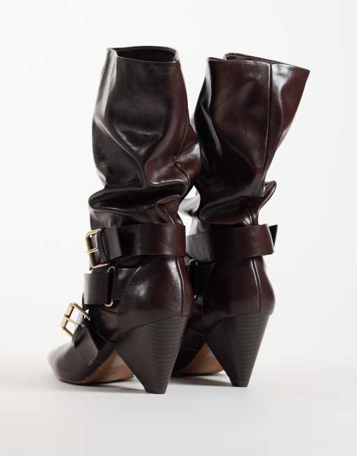 ASOS DESIGN Cade buckle detailing heeled slouchy boots in chocolate, 3 of 4
