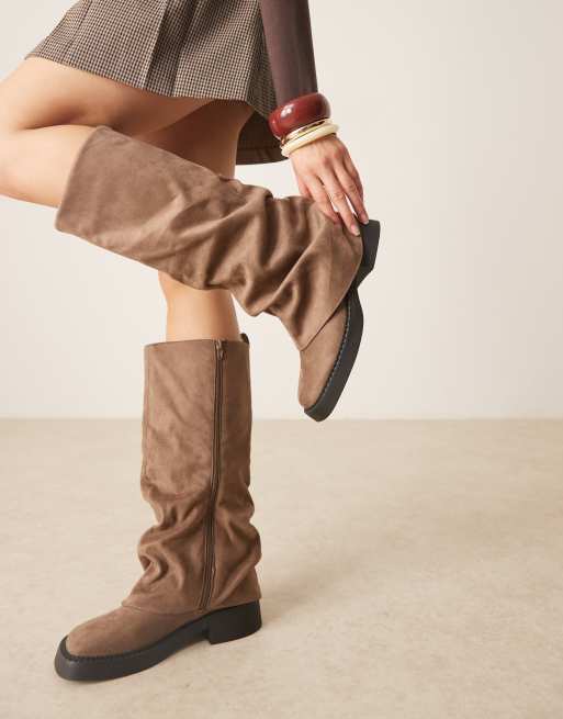 ASOS DESIGN Caden chunky fold over flat knee boot in beige suedette, 2 of 4