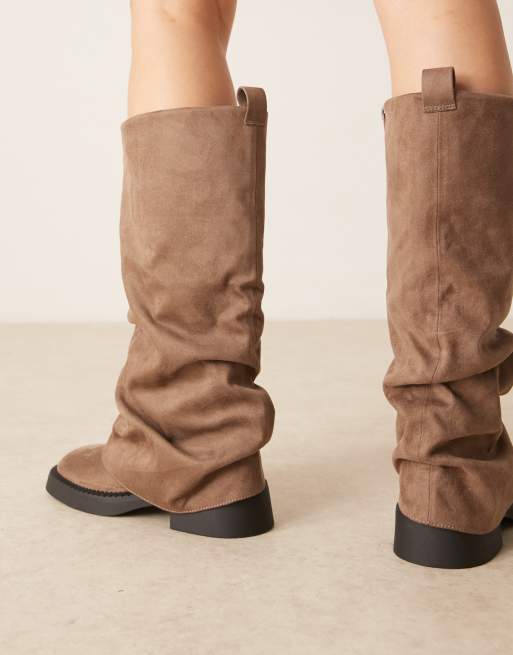 ASOS DESIGN Caden chunky fold over flat knee boot in beige suedette, 4 of 4