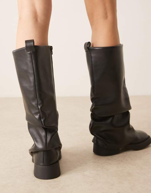 ASOS DESIGN Caden chunky fold over flat knee boot in black, 3 of 4