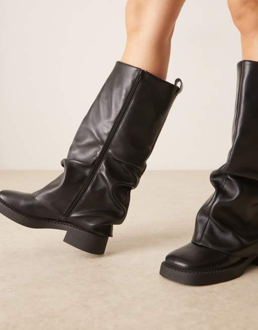 ASOS DESIGN Caden chunky fold over flat knee boot in black, 4 of 4