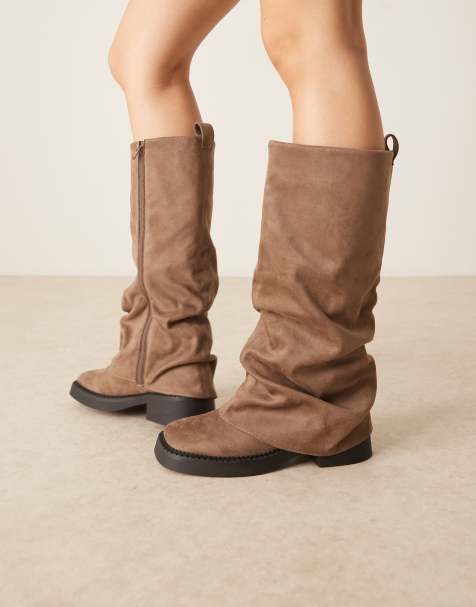 ASOS DESIGN Caden chunky fold-over flat knee boots in beige suedette - view 1