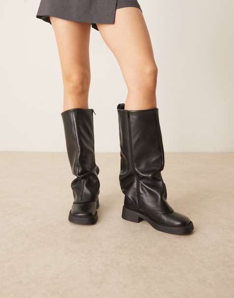 ASOS DESIGN Caden chunky fold over flat knee boots in black - view 1