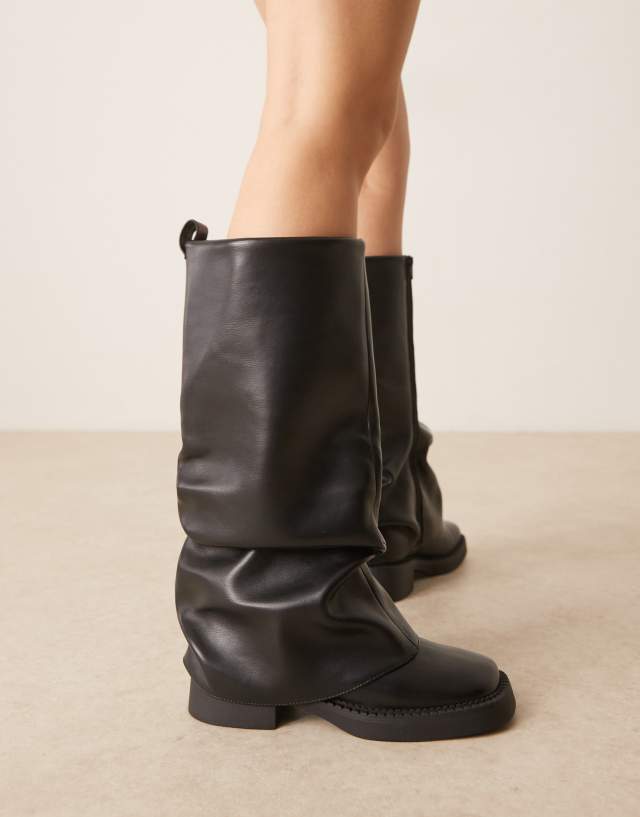 ASOS DESIGN Caden chunky fold over flat knee boots in black | ASOS