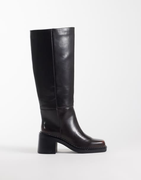 ASOS DESIGN Cadence block heel pull on knee boots in brown burnished - view 1